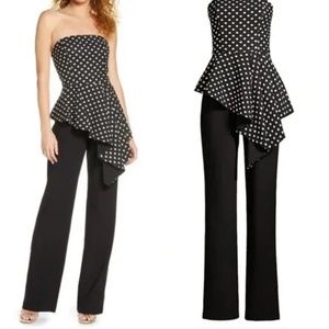 Black Halo Parma Polka Dot Peplum Retro Jumpsuit Black & White